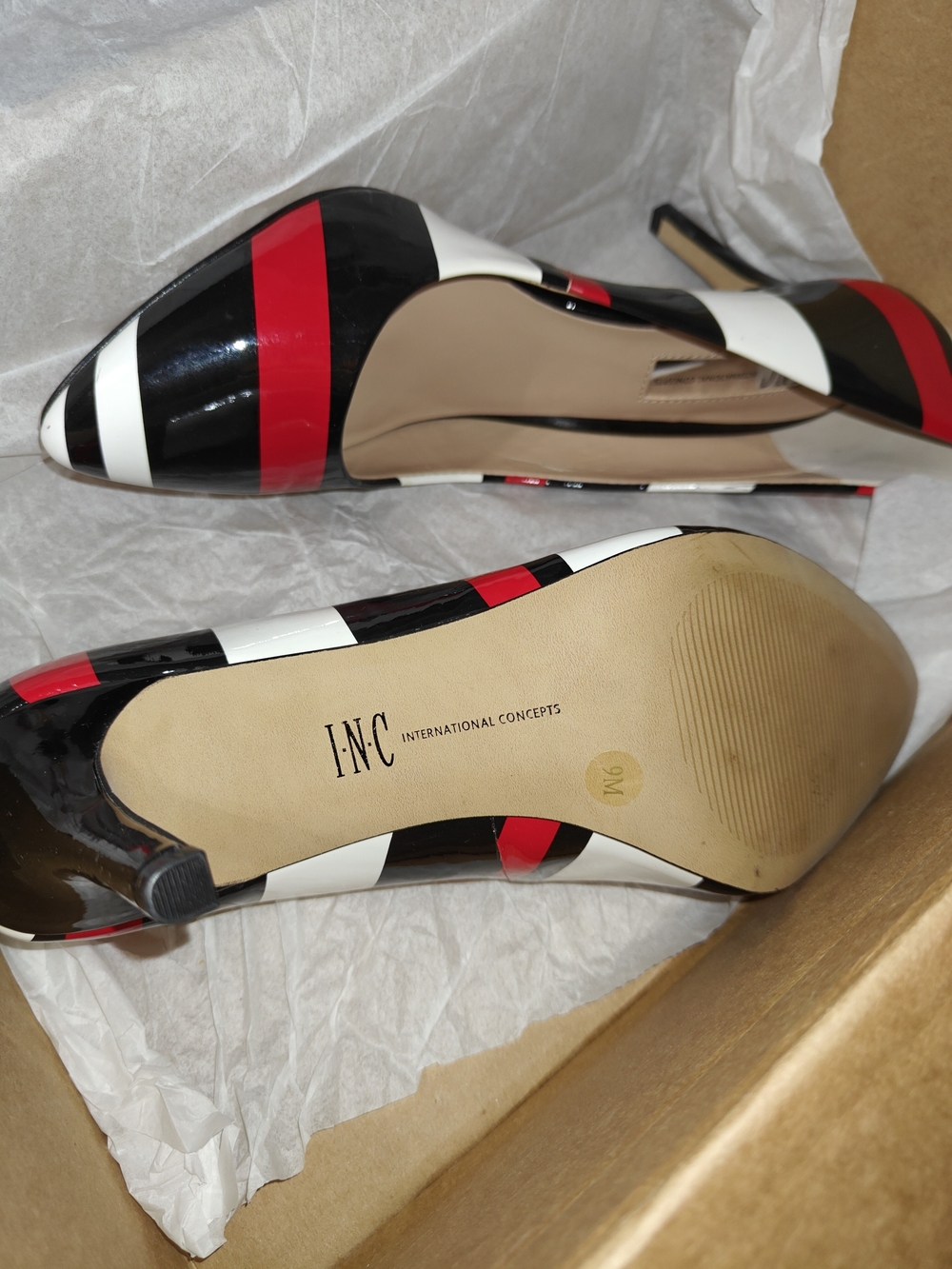 INC Striped Patent Pointed-Toe Pumps - Black/White/Red - 9M - Picture 2 of 2
